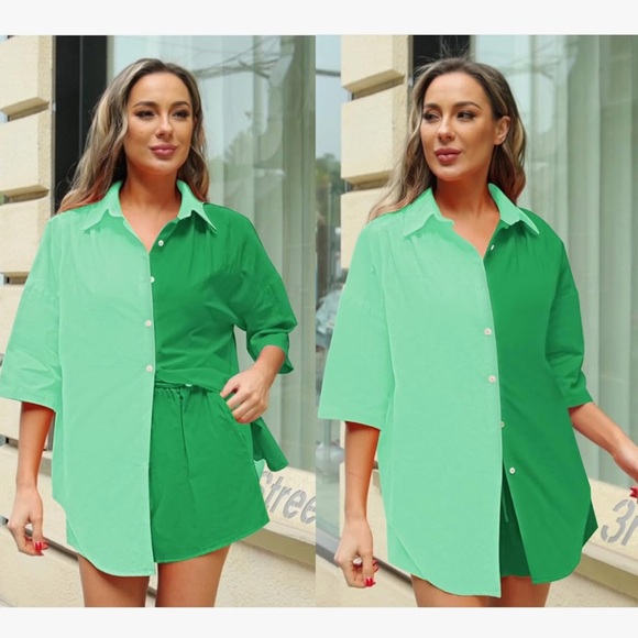 Fixmatti Green Cotton Colorblock Button Up Shirt and Shorts Set - Picture 5 of 15